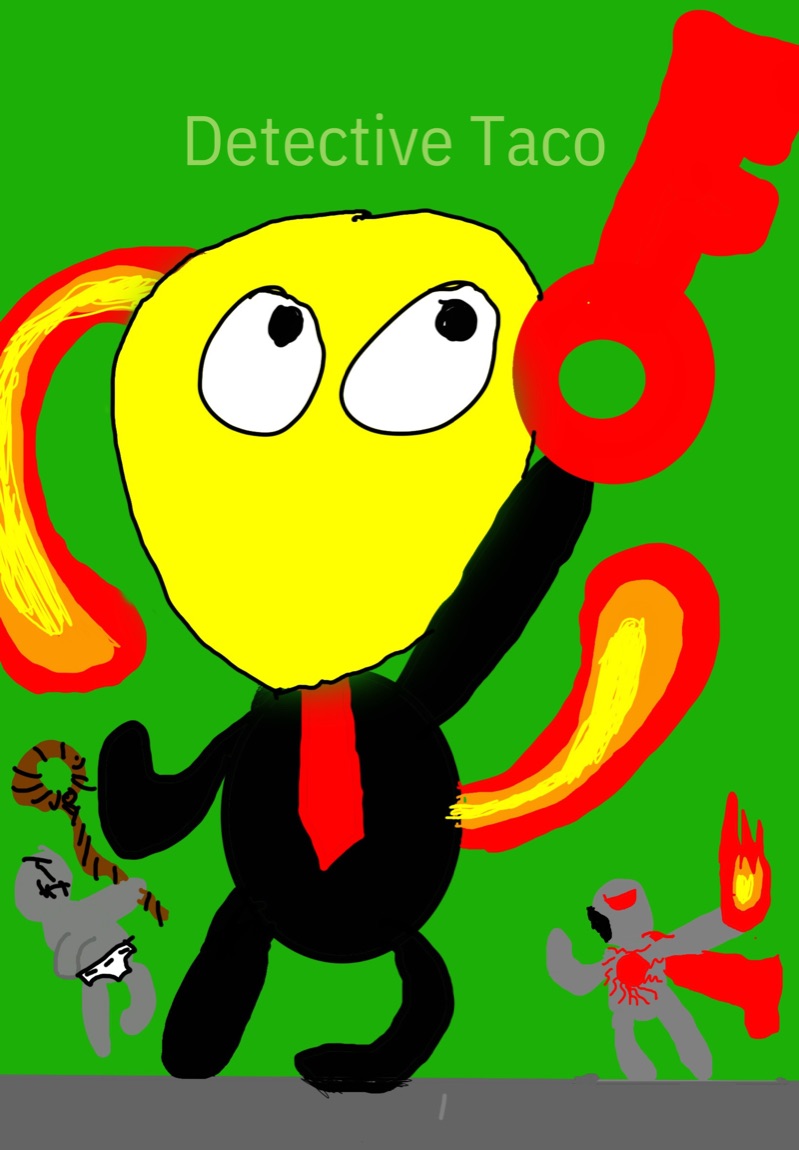 Detective Taco cover — a taco-headed detective in a suit holding a giant red key