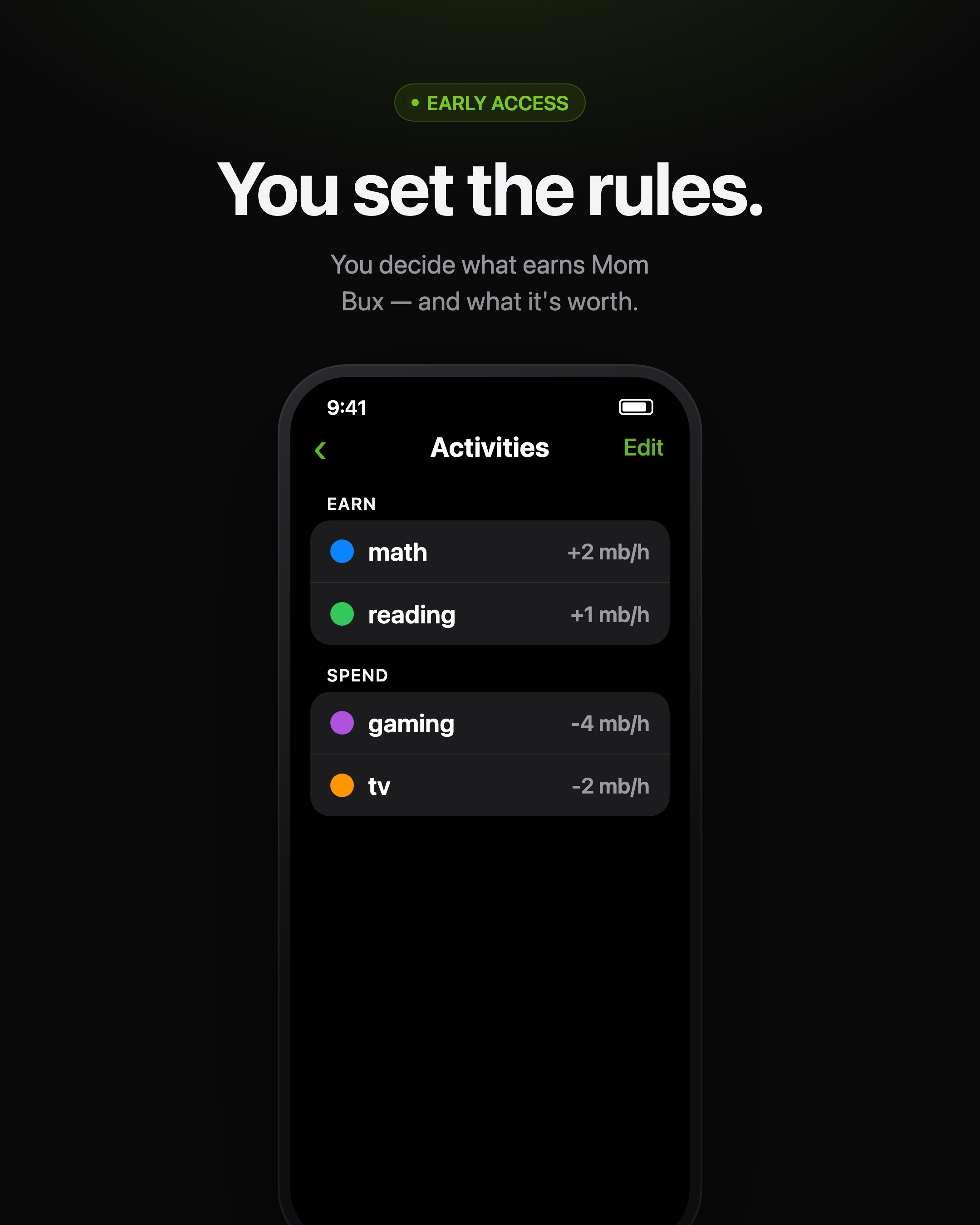iPhone Activities editor — parents decide what earns Mom Bux and what it's worth.